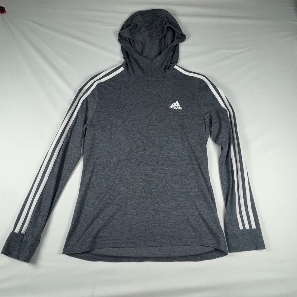 Adidas Primegreen Aeroready Gray 3 Stripe Hooded Long Sleeve Shirt Womens Small